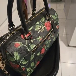 Coach | Bags | Coach Black Signature Canvas Satchel With Red Rose Print ...